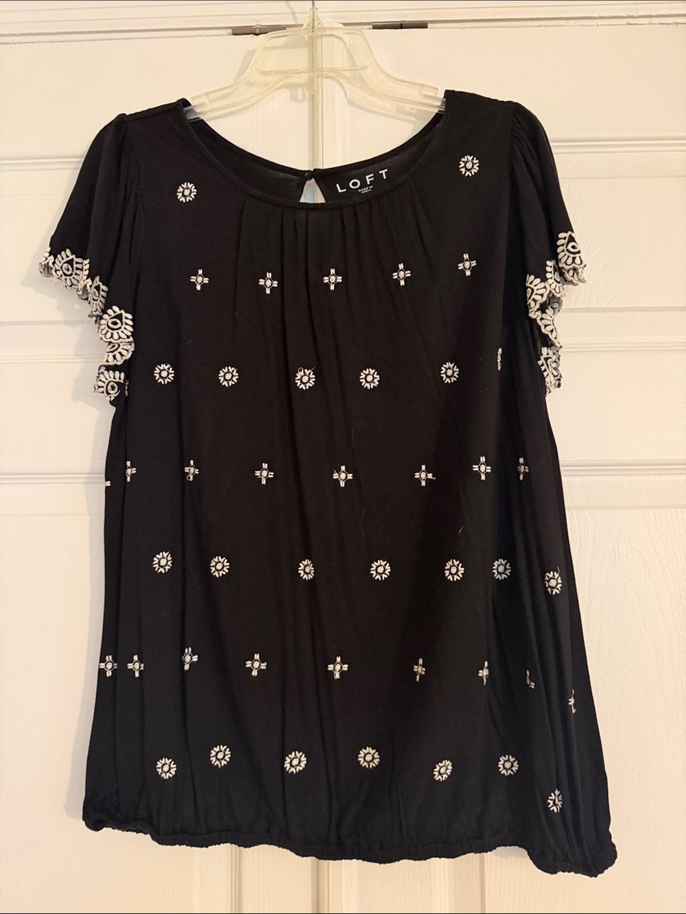 LOFT Black Short Sleeve Blouse with White Embroidery